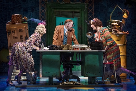 Djalenga Scott Lily, Jonny Fines ooster and Miranda Hart Miss Hannigan in Annie at the Piccadilly Theatre  Photo credit Paul Coltas